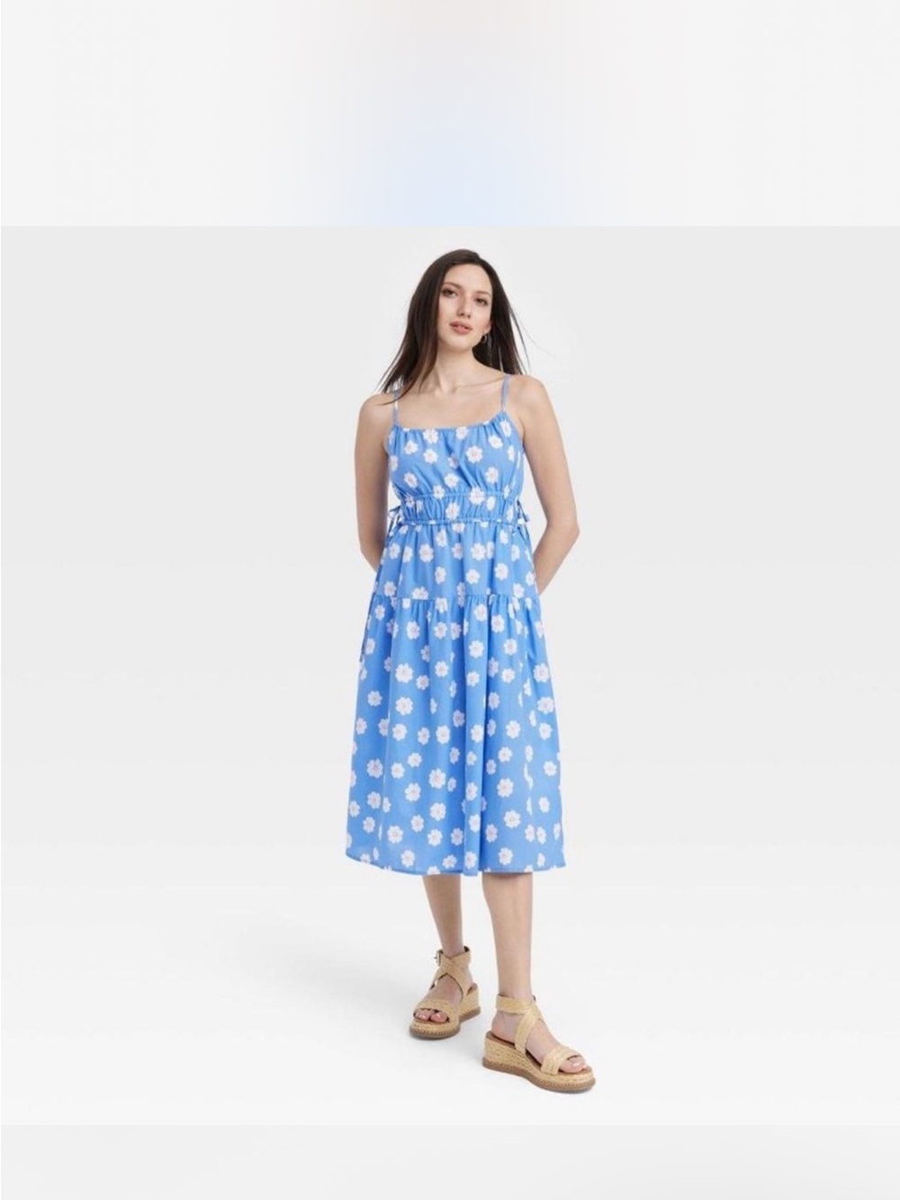 Blue Floral Spaghetti-Strap Midi Dress